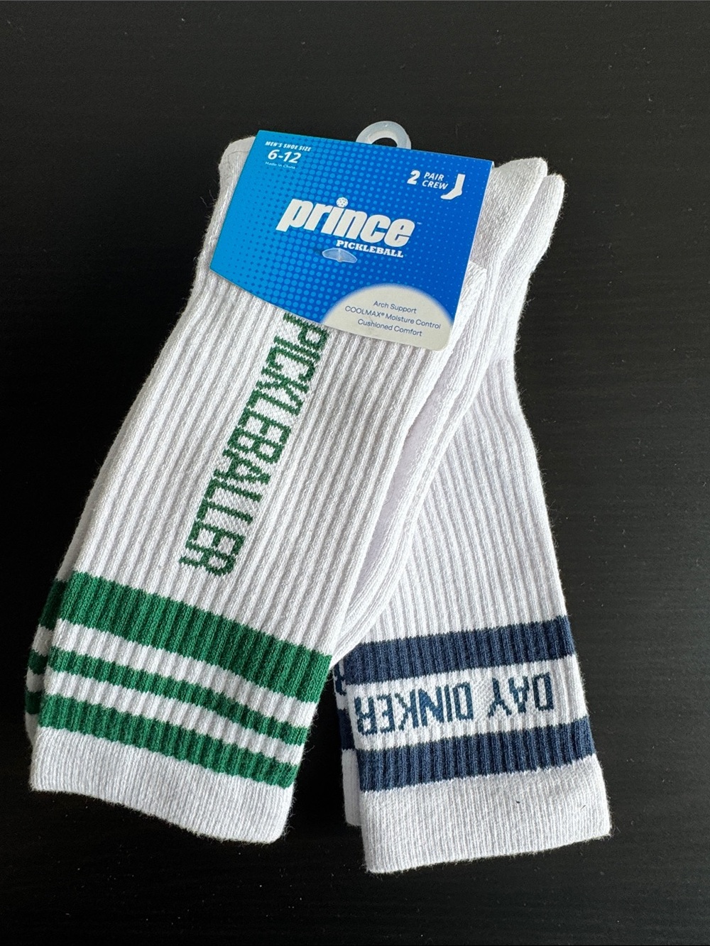Prince Men’s Crew Athletic Socks in White with Green & Navy Accents Pickleball